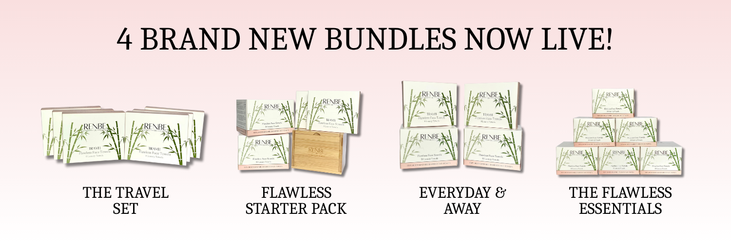 Promotional banner for brand new product bundles with images and names on a pink background.