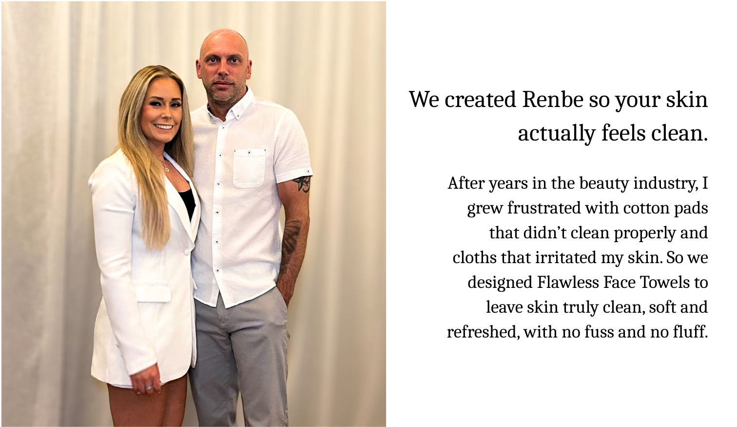 Renbe UK founders Sarah and Jason standing together, representing the story behind Flawless Face Towels.