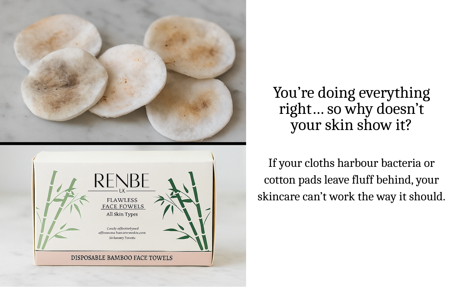 Used cotton pads with makeup residue and fluff, showing the problem with traditional cleansing products.