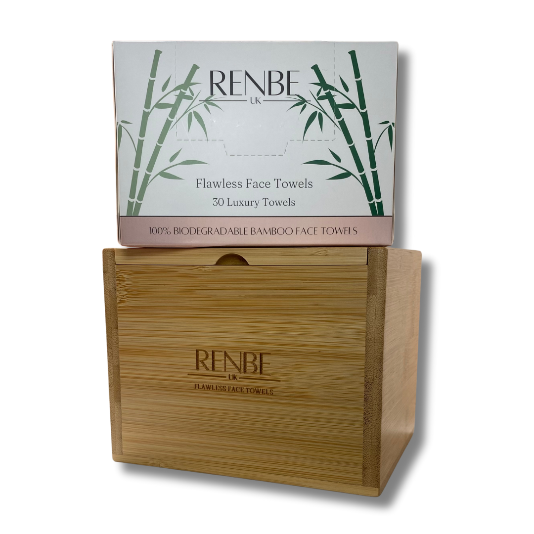 Renbe bamboo storage box with engraved logo, shown with a full-size box of Flawless Face Towels included.