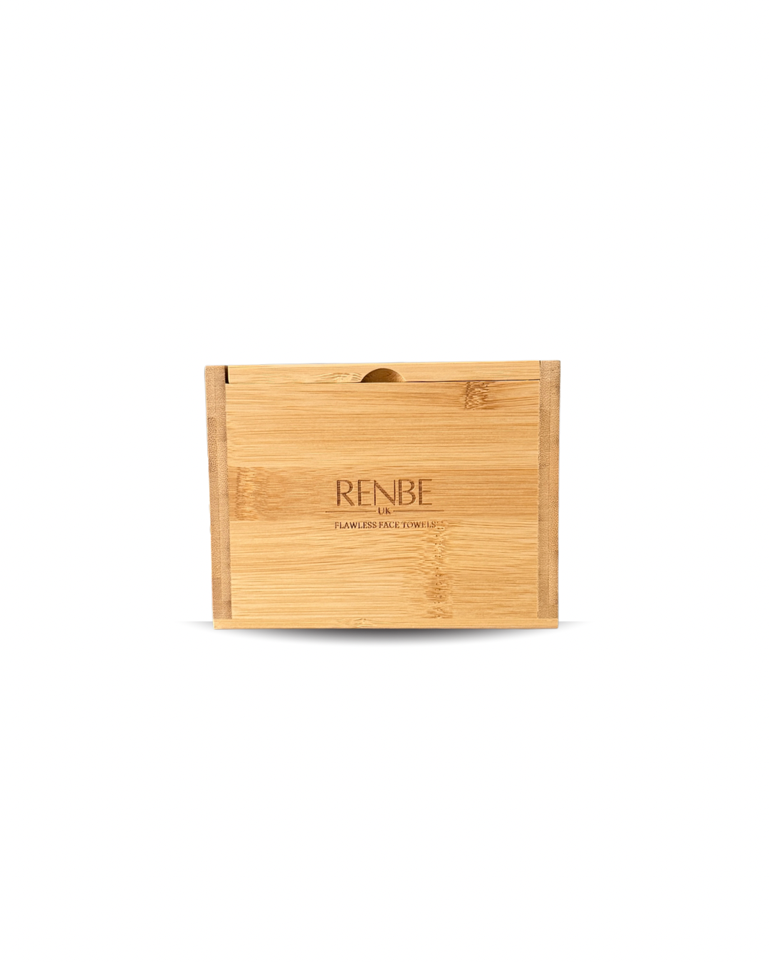 Renbe Bamboo Storage Box with hinged lid and engraved logo, solid bamboo box for storing Flawless Face Towels.