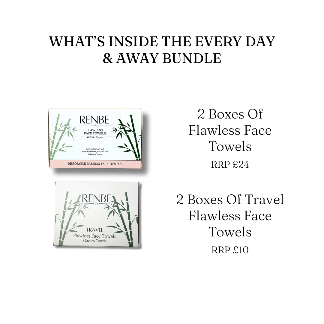 What’s inside the Every Day and Away Bundle, 2 boxes of 30 Flawless Face Towels and 2 travel packs of 8 towels