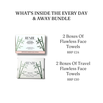 What’s inside the Every Day and Away Bundle, 2 boxes of 30 Flawless Face Towels and 2 travel packs of 8 towels