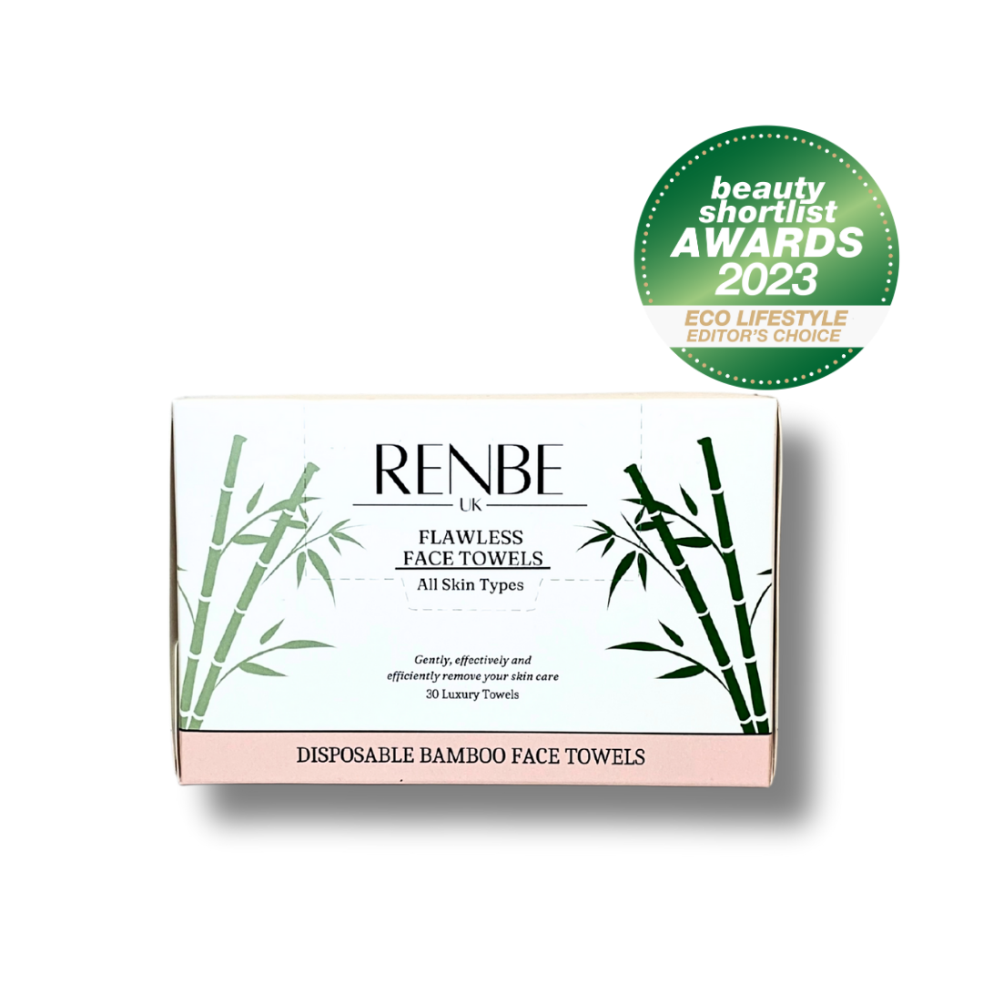 Renbe Flawless Face Towels box with award badge highlighting best disposable bamboo skincare towels.