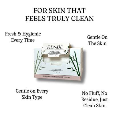 Flawless Face Towels benefit highlights, hygienic, gentle, residue-free, soft on skin, eco-friendly bamboo.