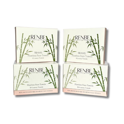 Every Day and Away Bundle with 2 full-size boxes and 2 travel packs of Renbe Flawless Face Towels.