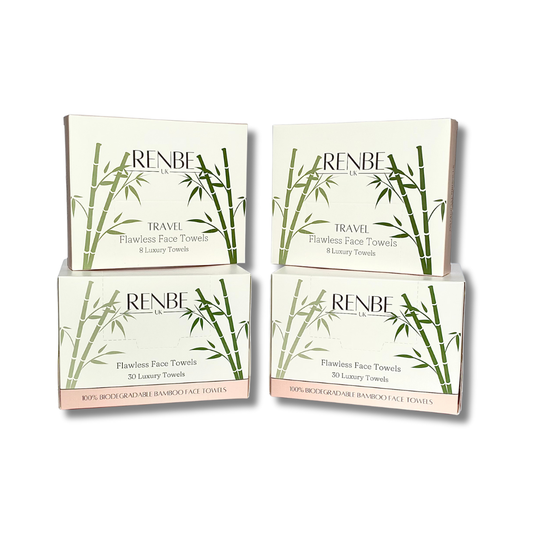 Every Day and Away Bundle with 2 full-size boxes and 2 travel packs of Renbe Flawless Face Towels.
