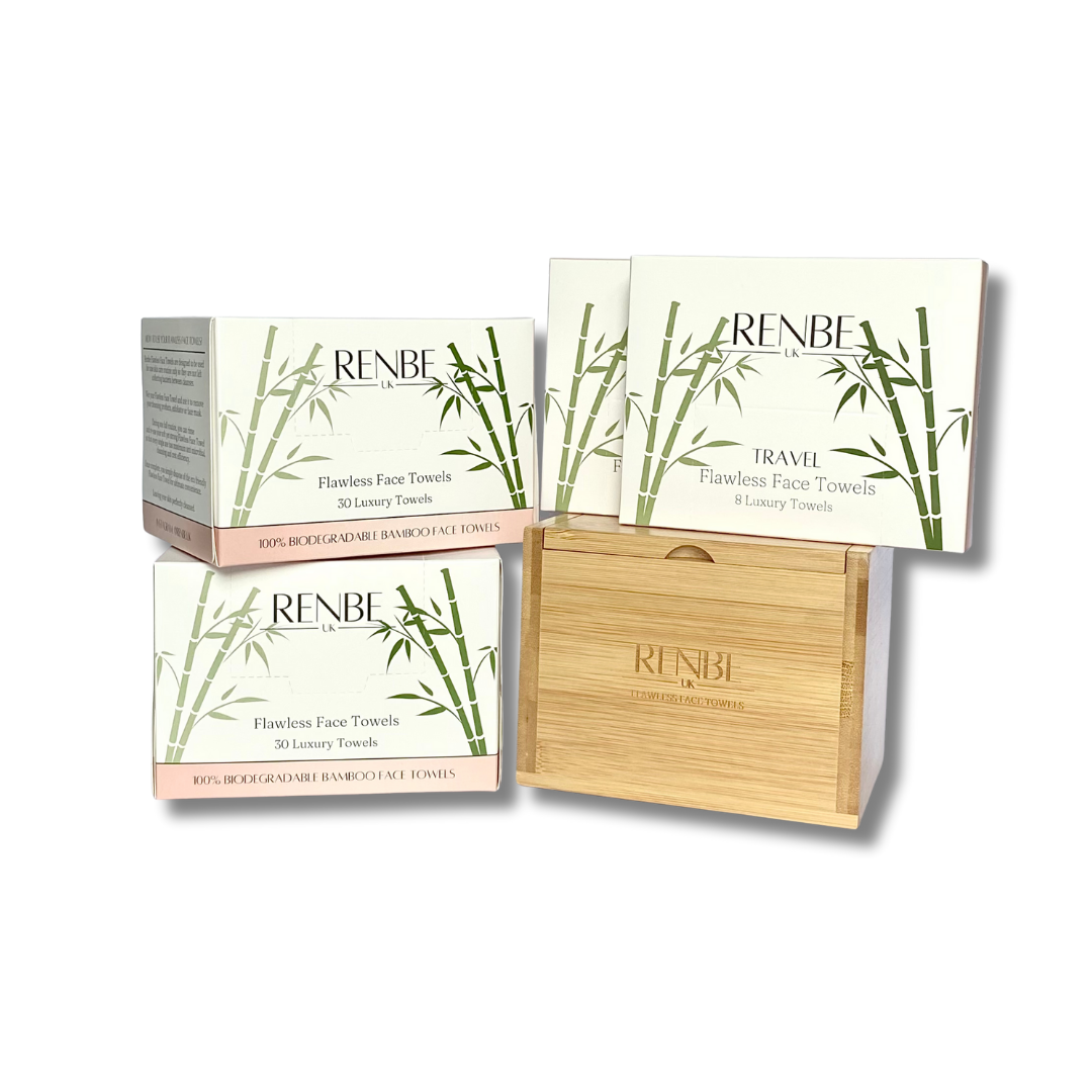 Renbe Flawless Starter Pack bundle with 2 full-size boxes, 2 travel packs and bamboo storage box for hygienic skincare.