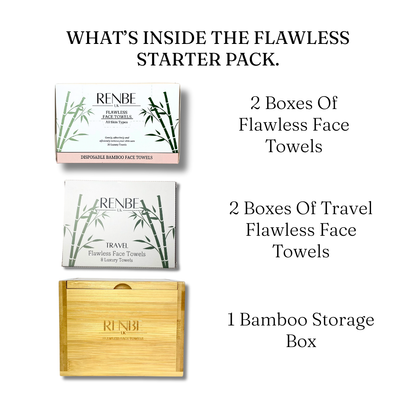 What’s inside the Renbe Flawless Starter Pack. 2 full-size boxes of 30 towels, 2 travel packs of 8 towels, and bamboo storage box.