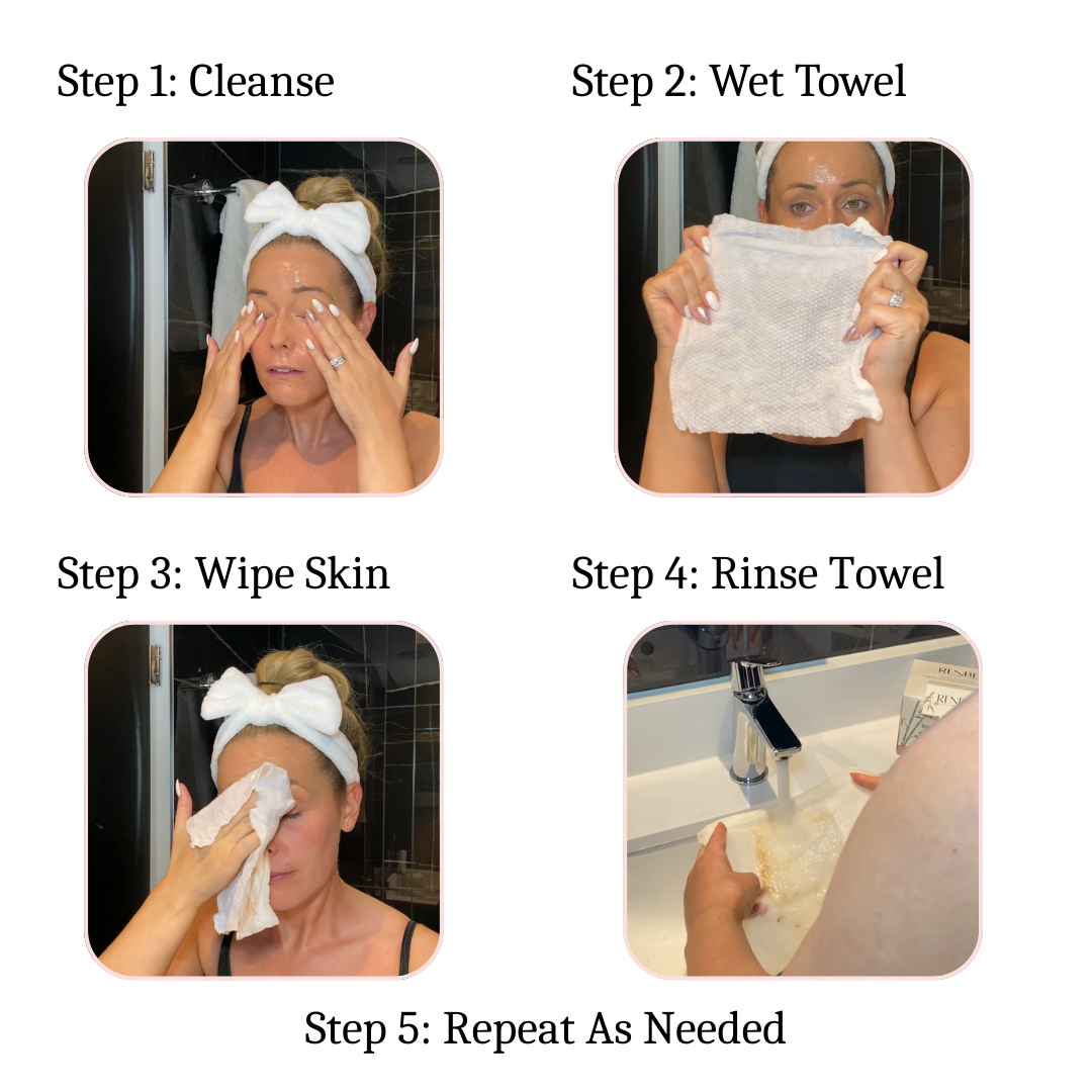 Step-by-step guide showing how to use Renbe Flawless Face Towels in a skincare routine, cleanse to rinse.