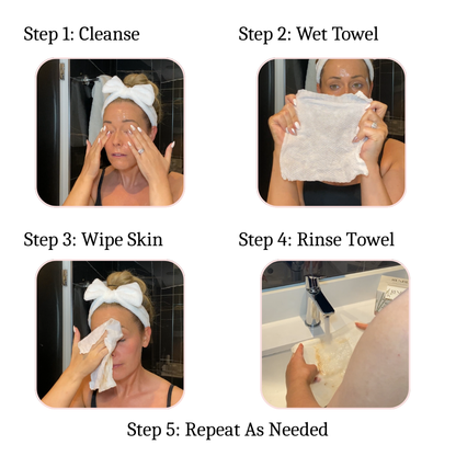 Step-by-step guide showing how to use Renbe Flawless Face Towels in a skincare routine, cleanse to rinse.